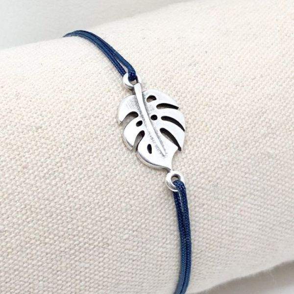 Bracelet cordon ajustable feuille de philodendron argenté vieilli