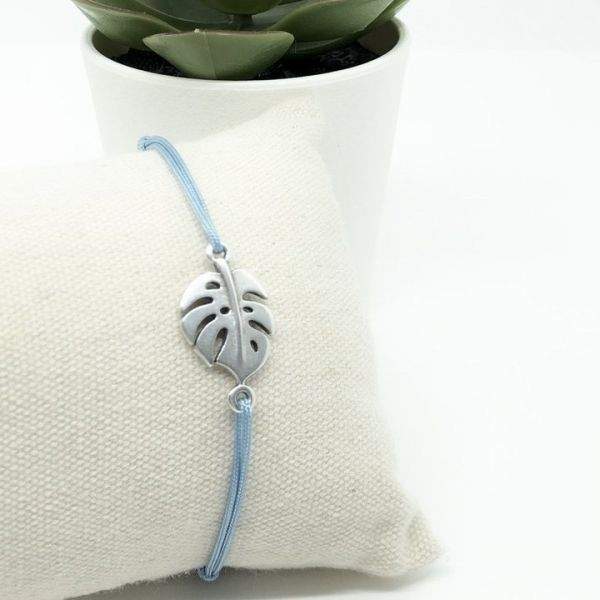 Bracelet cordon ajustable feuille de philodendron argenté vieilli