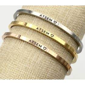 ATSEM ♡, Gravure noire, Bracelet jonc ajustable à message en acier inoxydable