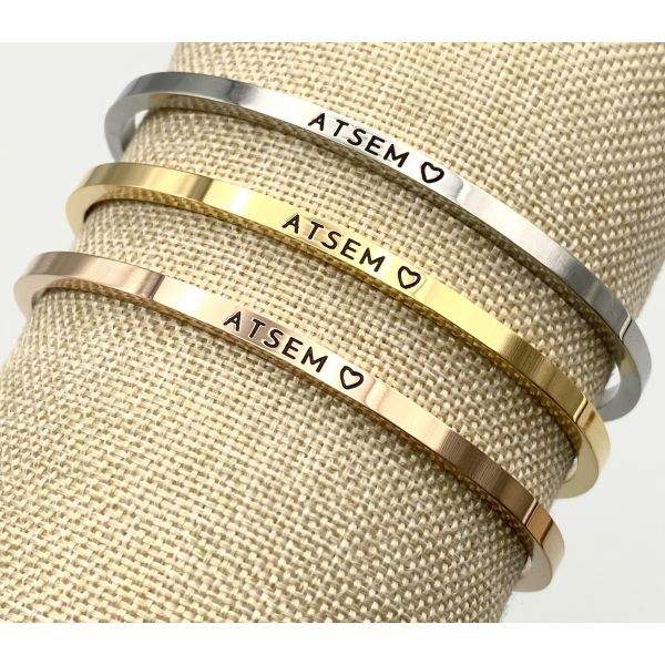 ATSEM ♡, Gravure noire, Bracelet jonc ajustable à message en acier inoxydable