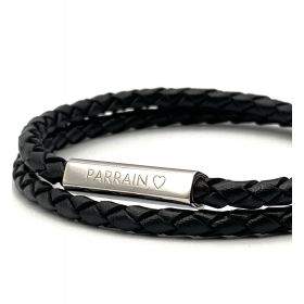PARRAIN ♡ - Bracelet cordon à message cuir tressé noir double tour, annonce parrain, futur parrain