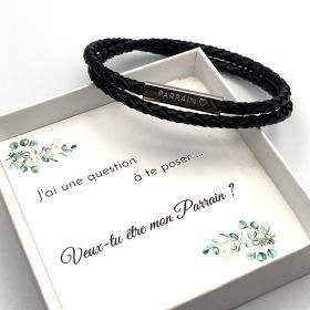 COFFRET PARRAIN ♡ - Veux-tu être mon Parrain ? Bracelet cordon cuir tressé noir double tour, futur parrain, annonce Parrain