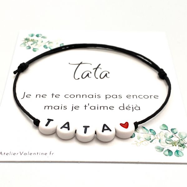 Future Tata, annonce tata, cadeau original, annonce grossesse,bracelet ajustable perle noire, bracelet tata, coeur couleur