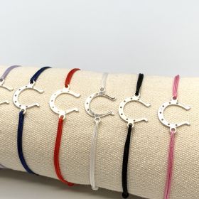 Bracelet cordon ajustable fer à cheval porte-bonheur en argent massif