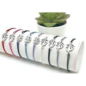 Bracelet cordon ajustable feuille de philodendron argenté vieilli