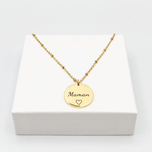 Collier médaille gravée, en acier inoxydable