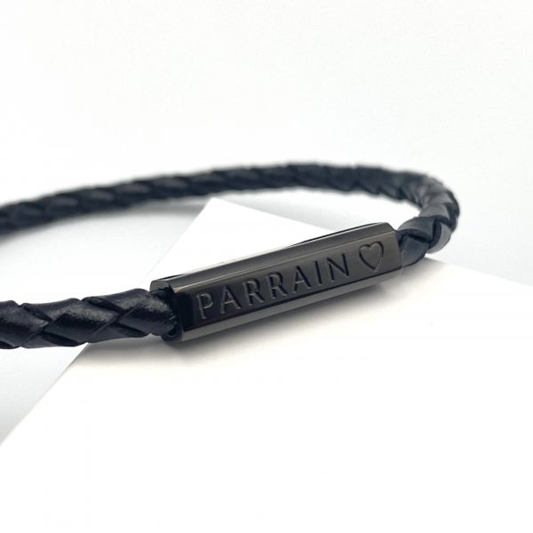 PARRAIN ♡ - Bracelet cordon à message cuir tressé noir, annonce parrain, futur parrain, baptême