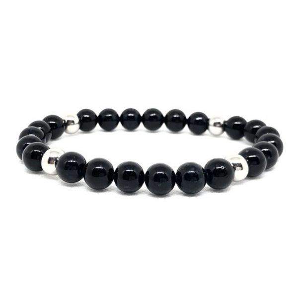 Bracelet élastique perles en verre noir et acier inoxydable