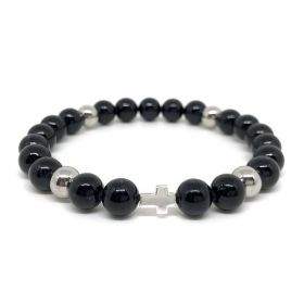 Bracelet élastique perles en verre noir, acier inoxydable et croix en argent massif