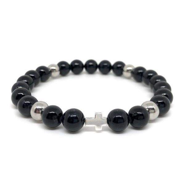 Bracelet élastique perles en verre noir, acier inoxydable et croix en argent massif
