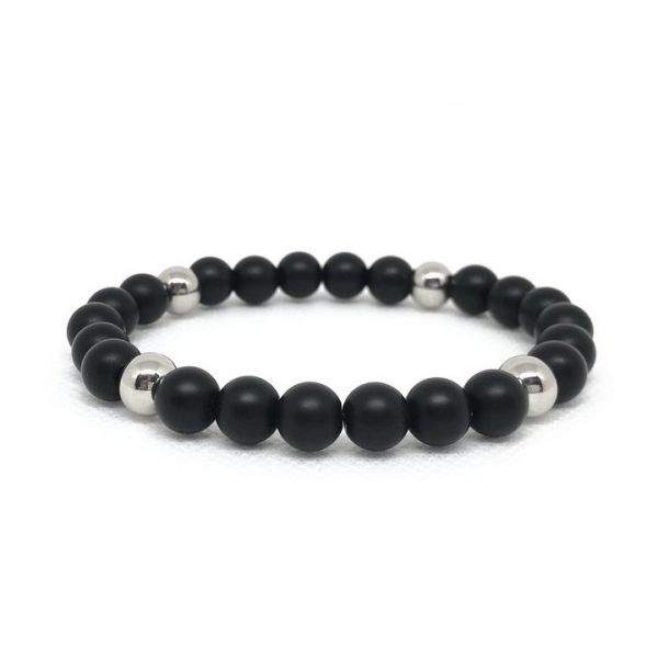Bracelet élastique en perles polaris noir mat et acier inoxydable