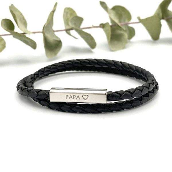 Papa ♡ - Bracelet cordon à message cuir tressé noir double tour