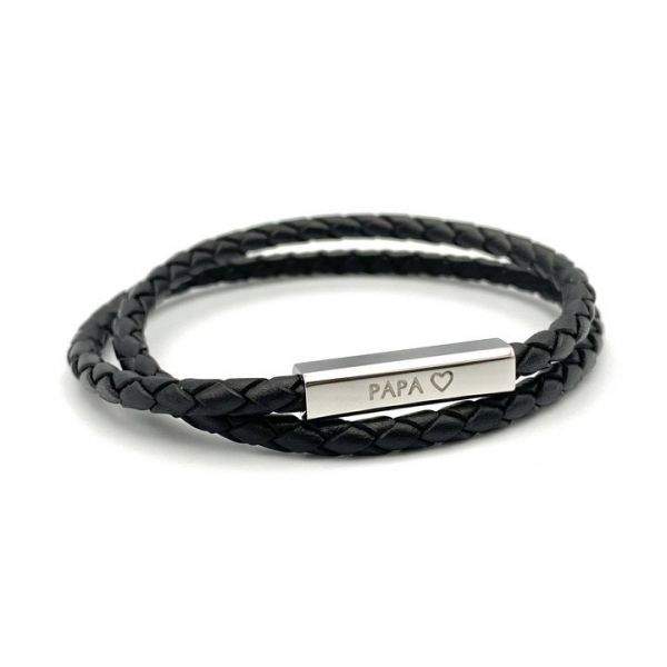 Papa ♡ - Bracelet cordon à message cuir tressé noir double tour