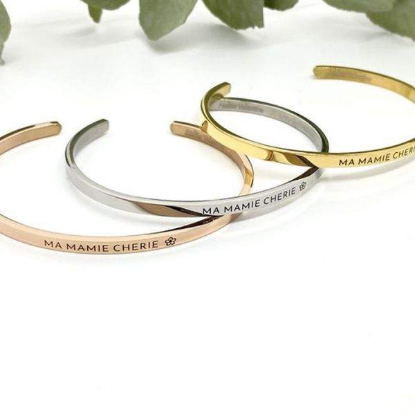 Ma mamie chérie, Bracelet jonc ajustable en acier inoxydable gravure noire