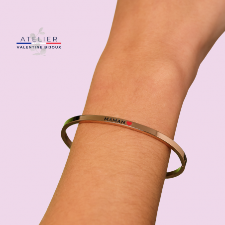 Maman ❤️ - Bracelet jonc ajustable en acier inoxydable gravure noire