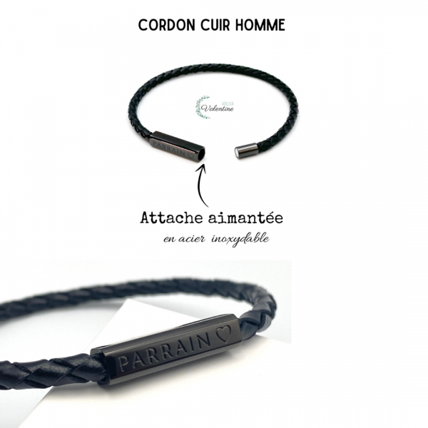 PARRAIN ♡ - Bracelet cordon à message cuir tressé noir, annonce parrain, futur parrain, baptême