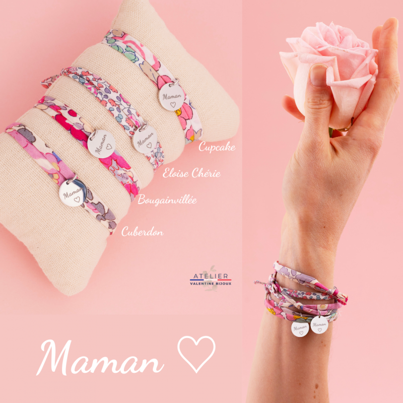 MAMAN ♡, médaille argent, Cordon Liberty ajustable