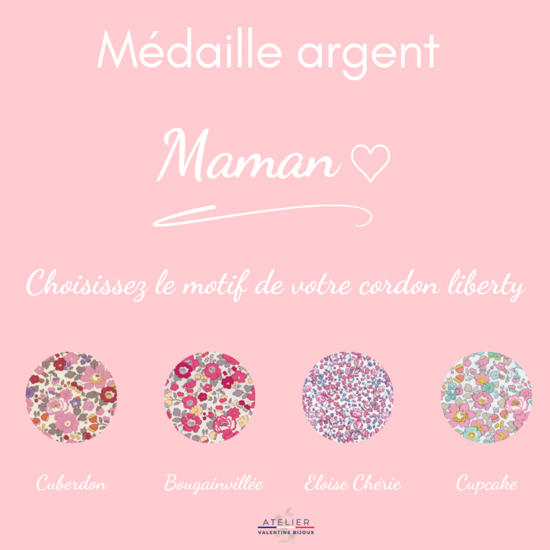 MAMAN ♡, médaille argent, Cordon Liberty ajustable