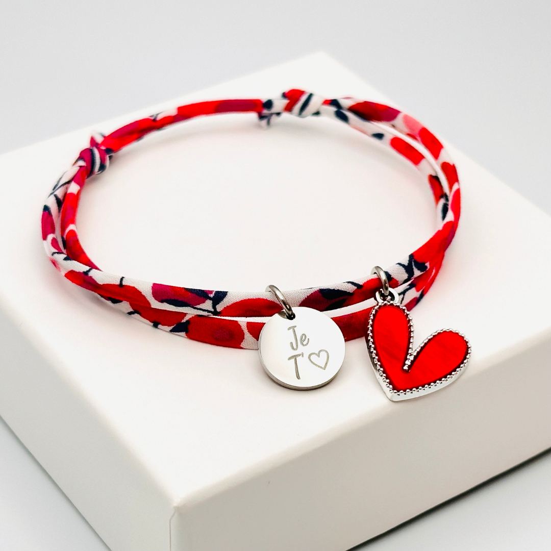 JE T'AIME avec pendentif coeur rouge argent • Bracelet liberty ajustable