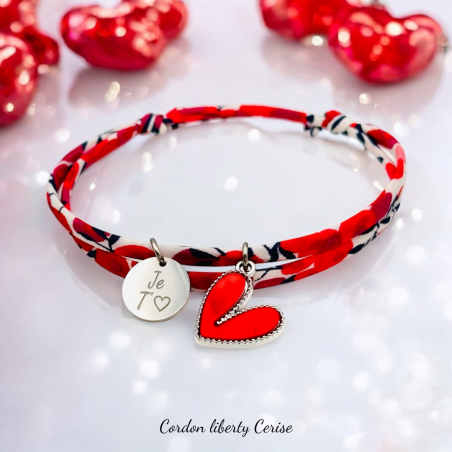 JE T'AIME avec pendentif coeur rouge argent • Bracelet liberty ajustable