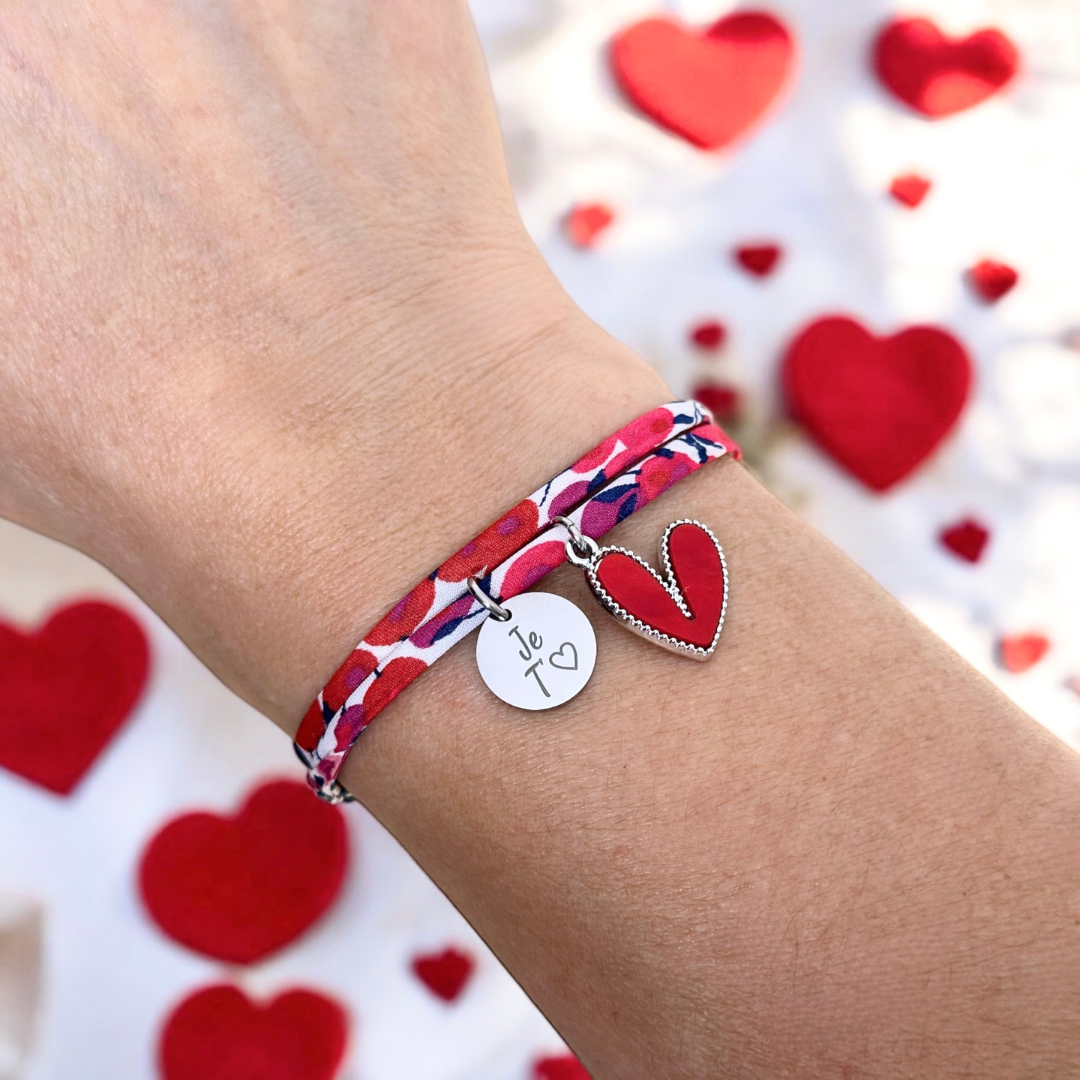 JE T'AIME avec pendentif coeur rouge argent • Bracelet liberty ajustable