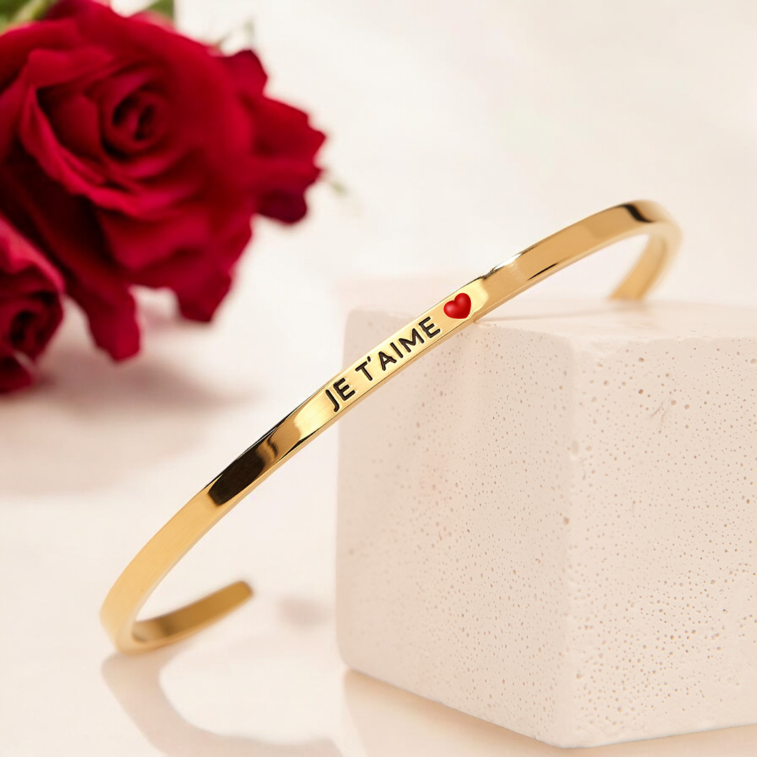 Je t'aime - Bracelet jonc ajustable à message en acier inoxydable gravure noire