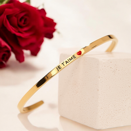 Je t'aime - Bracelet jonc ajustable à message en acier inoxydable gravure noire