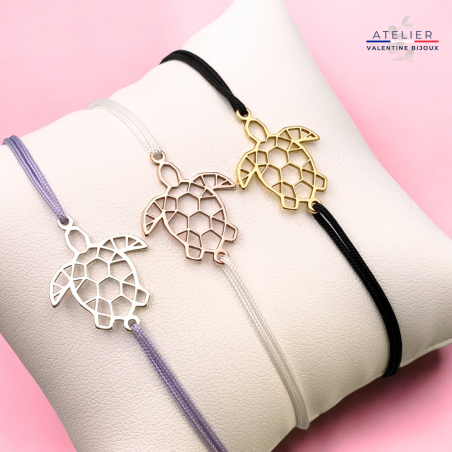 Tortue origami, Bracelet cordon ajustable en argent 925