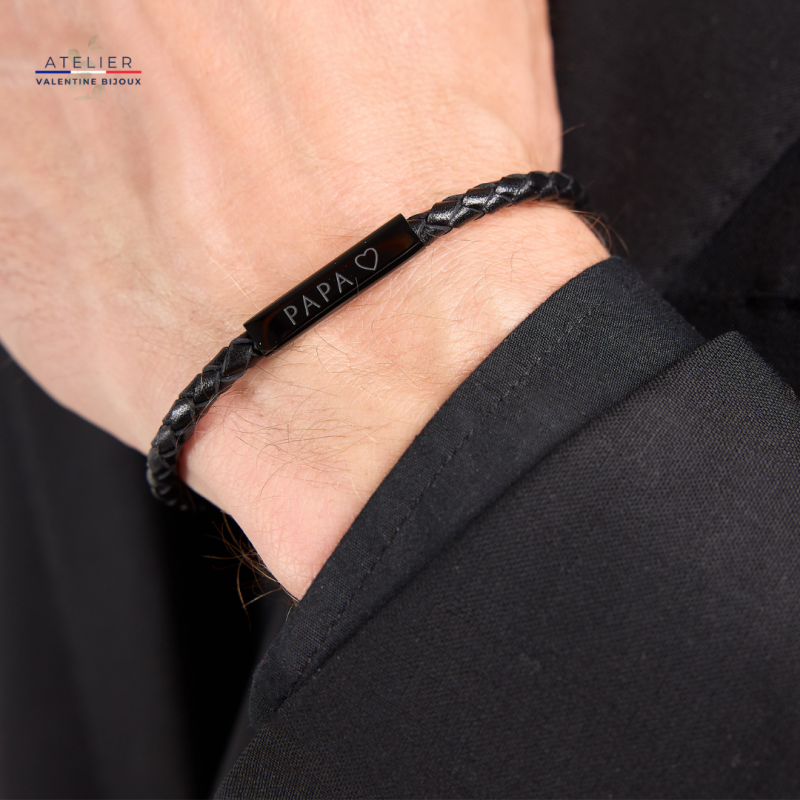 PAPA ♡ - Bracelet cordon cuir tressé noir