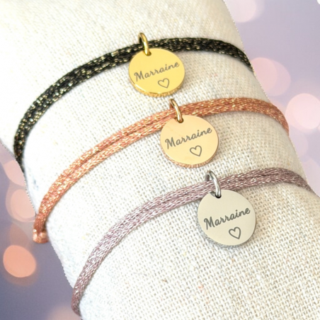 Bracelet Marraine personnalisé – Cordon scintillant & médaille gravée (acier inoxydable)