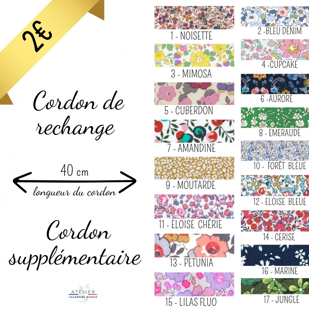 Cordon liberty, longueur 40 cm, sans bijoux, avec ou sans noeuds,