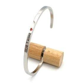Je t'aime - Bracelet jonc ajustable à message en acier inoxydable gravure noire
