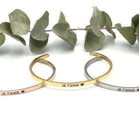 Je t'aime - Bracelet jonc ajustable à message en acier inoxydable gravure noire
