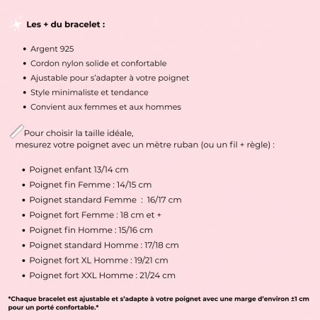 Bracelet cordon ajustable, perle striée en argent massif