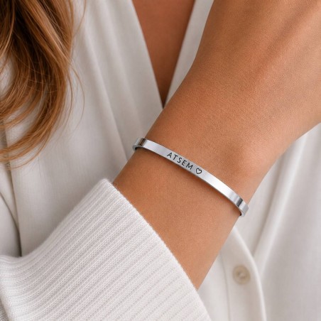 ATSEM ♡, Gravure noire, Bracelet jonc ajustable à message en acier inoxydable