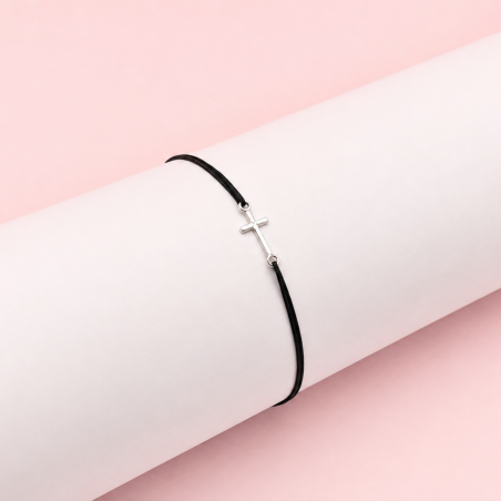 Bracelet fin, cordon ajustable croix en argent 925