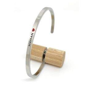 Maman  - Bracelet jonc ajustable en acier inoxydable gravure noire