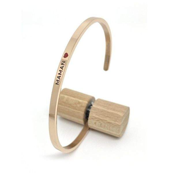 Maman ❤️ - Bracelet jonc ajustable à message en acier inoxydable gravure noire