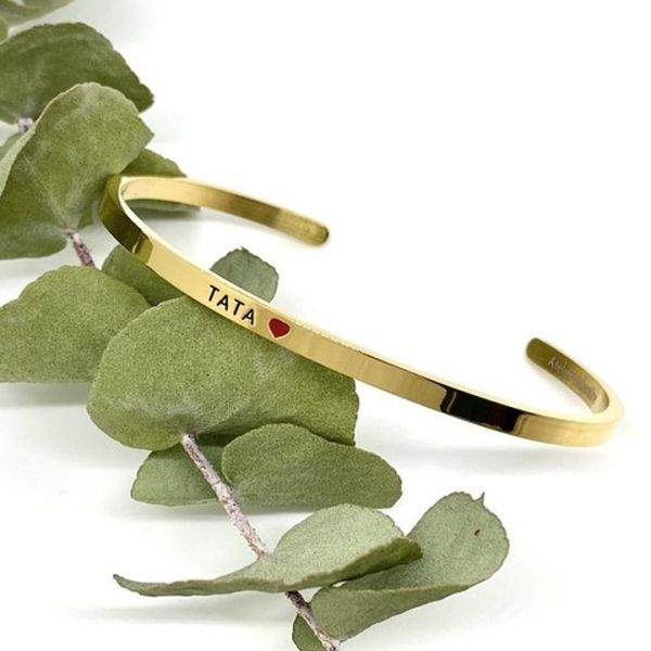 Tata ❤️, Bracelet jonc ajustable en acier inoxydable gravure noire